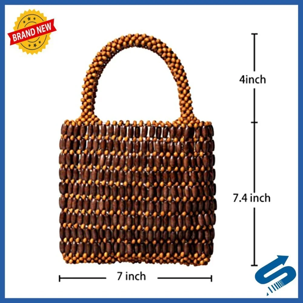 Wooden Bead Woven Tote Bag Small Handmade Retro Chic Clutch Purse